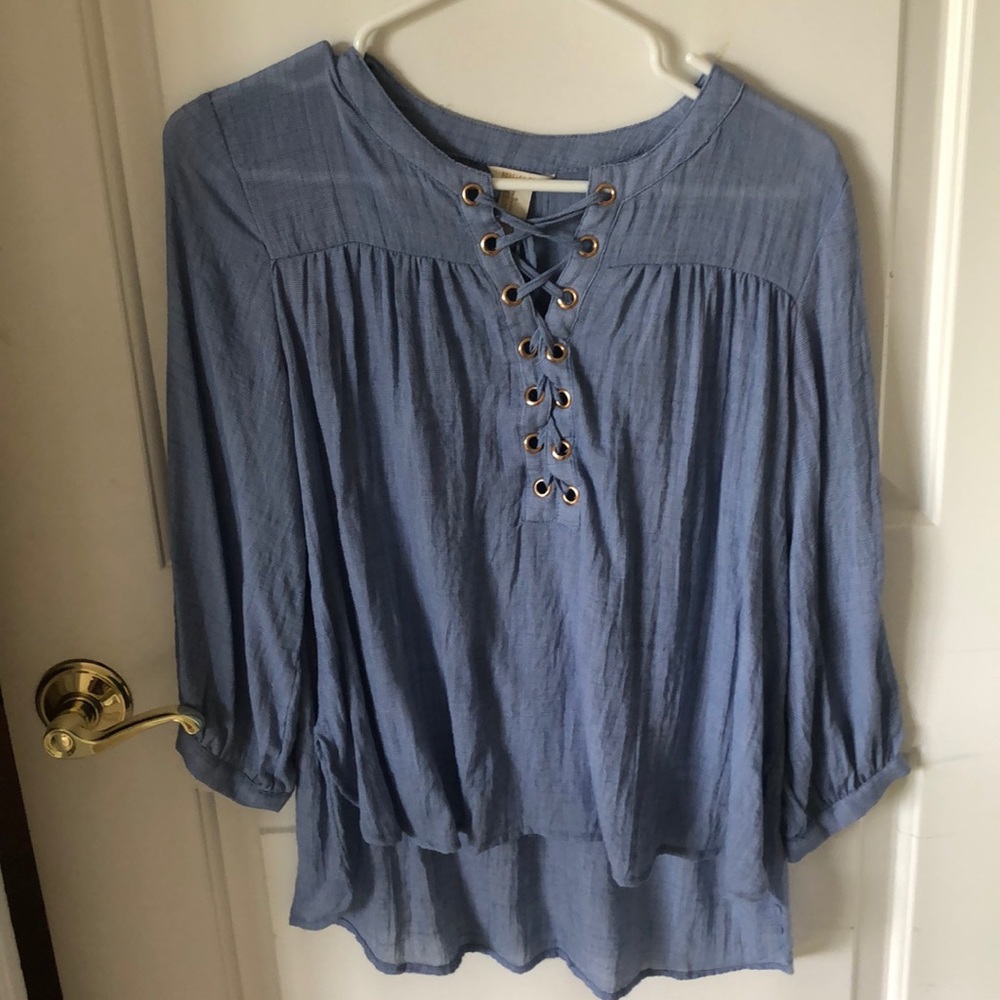 blue tie up blouse